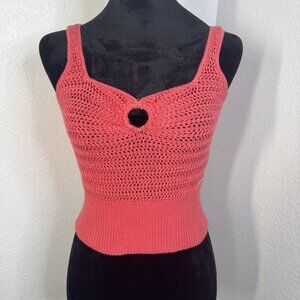 Guess Coral Pink Knit Sleeveless Cropped Top With Keyhole Detail Small Lightweig